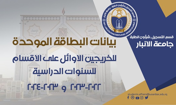 بيانات البطاقة الوطنية الموحدة للخريجين الثلاثة الأوائل على أقسام كليات جامعة الأنبار للعامين الدراسيين (2022/2023) و(2023/2024)